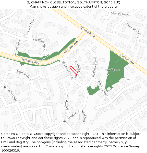 2, CHAFFINCH CLOSE, TOTTON, SOUTHAMPTON, SO40 8UQ: Location map and indicative extent of plot