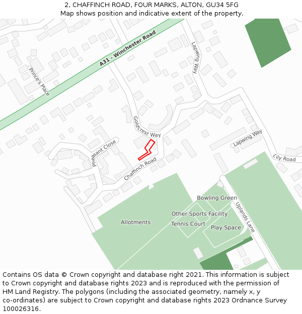 2, CHAFFINCH ROAD, FOUR MARKS, ALTON, GU34 5FG: Location map and indicative extent of plot