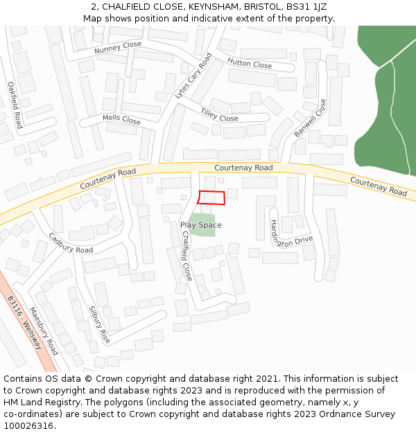 2, CHALFIELD CLOSE, KEYNSHAM, BRISTOL, BS31 1JZ: Location map and indicative extent of plot