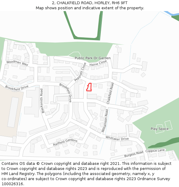 2, CHALKFIELD ROAD, HORLEY, RH6 9FT: Location map and indicative extent of plot