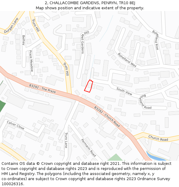 2, CHALLACOMBE GARDENS, PENRYN, TR10 8EJ: Location map and indicative extent of plot
