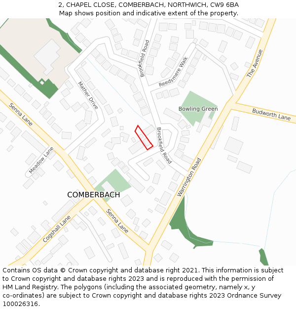 2, CHAPEL CLOSE, COMBERBACH, NORTHWICH, CW9 6BA: Location map and indicative extent of plot