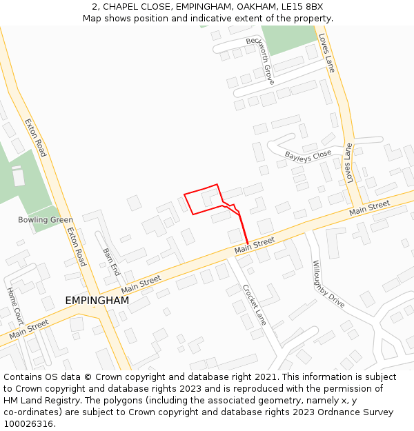 2, CHAPEL CLOSE, EMPINGHAM, OAKHAM, LE15 8BX: Location map and indicative extent of plot