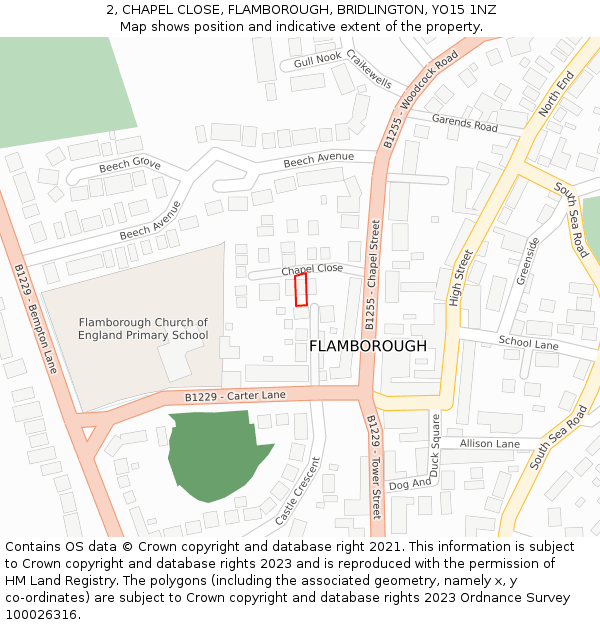 2, CHAPEL CLOSE, FLAMBOROUGH, BRIDLINGTON, YO15 1NZ: Location map and indicative extent of plot