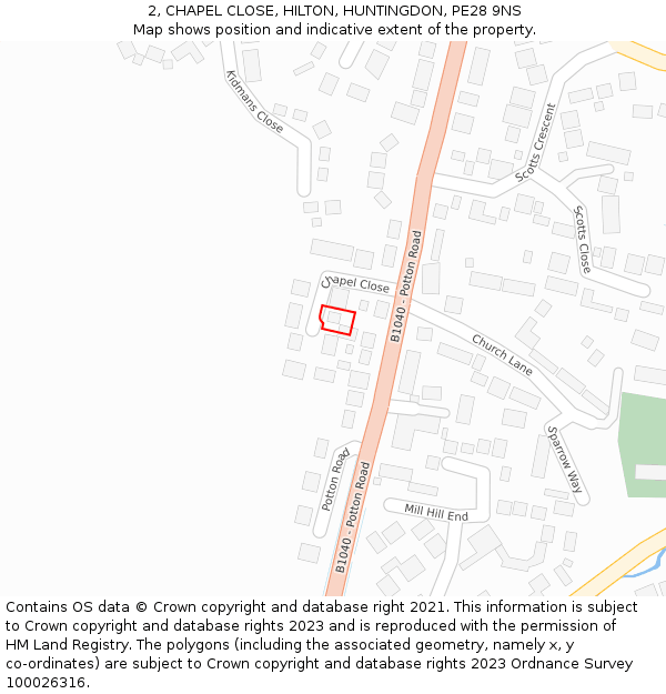 2, CHAPEL CLOSE, HILTON, HUNTINGDON, PE28 9NS: Location map and indicative extent of plot