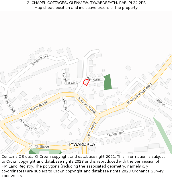 2, CHAPEL COTTAGES, GLENVIEW, TYWARDREATH, PAR, PL24 2PR: Location map and indicative extent of plot