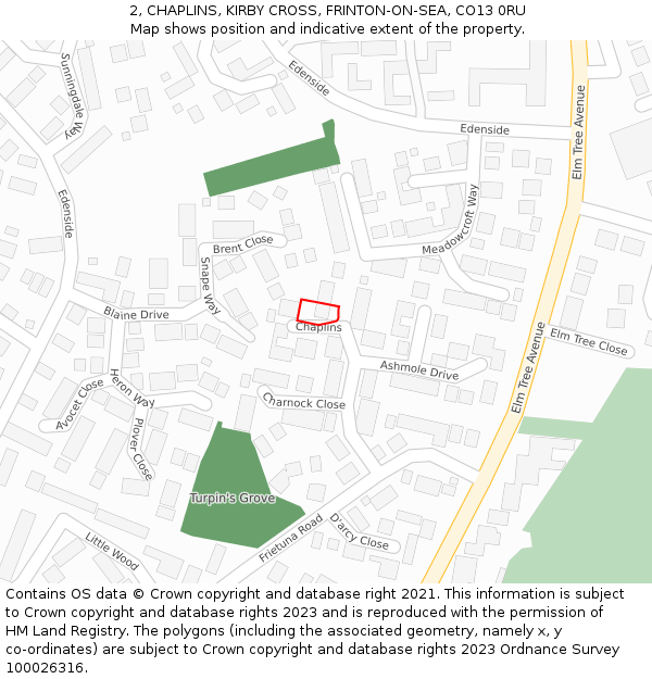 2, CHAPLINS, KIRBY CROSS, FRINTON-ON-SEA, CO13 0RU: Location map and indicative extent of plot