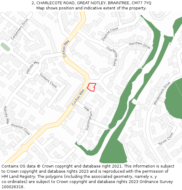 2, CHARLECOTE ROAD, GREAT NOTLEY, BRAINTREE, CM77 7YQ: Location map and indicative extent of plot
