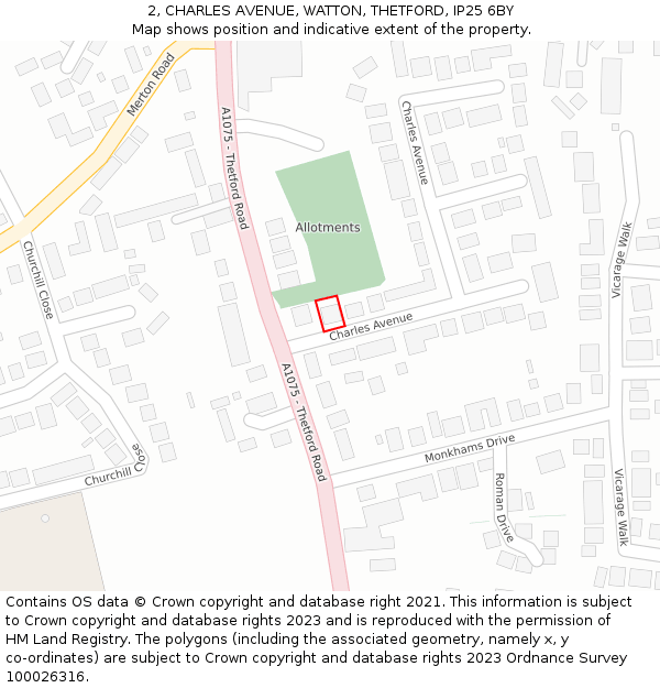 2, CHARLES AVENUE, WATTON, THETFORD, IP25 6BY: Location map and indicative extent of plot