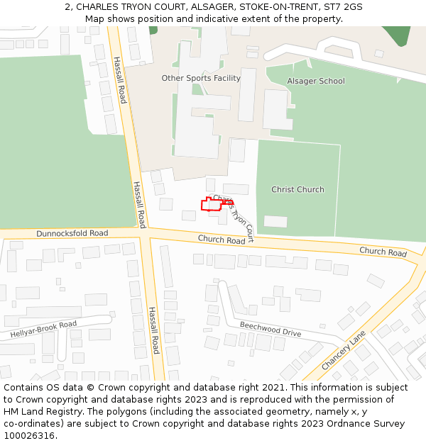 2, CHARLES TRYON COURT, ALSAGER, STOKE-ON-TRENT, ST7 2GS: Location map and indicative extent of plot