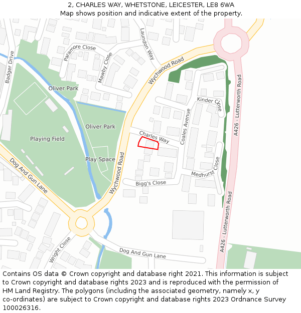 2, CHARLES WAY, WHETSTONE, LEICESTER, LE8 6WA: Location map and indicative extent of plot
