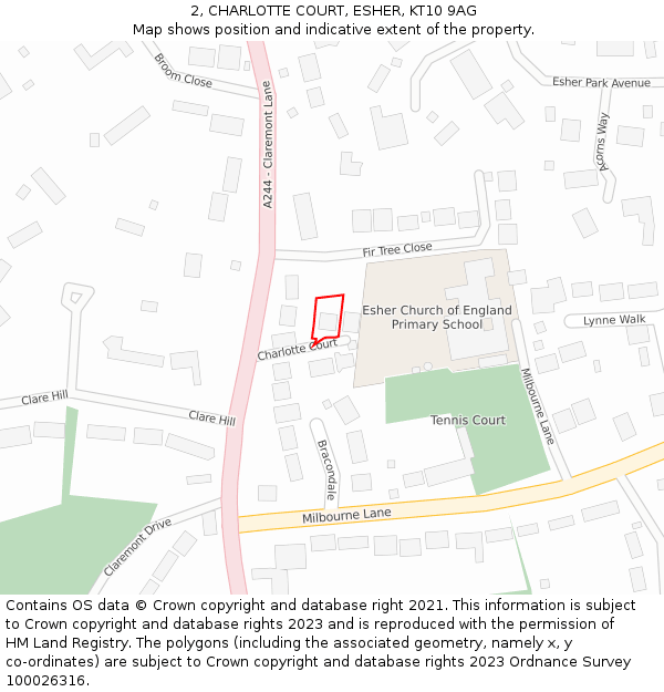 2, CHARLOTTE COURT, ESHER, KT10 9AG: Location map and indicative extent of plot