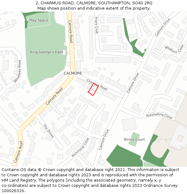 2, CHARMUS ROAD, CALMORE, SOUTHAMPTON, SO40 2RG: Location map and indicative extent of plot