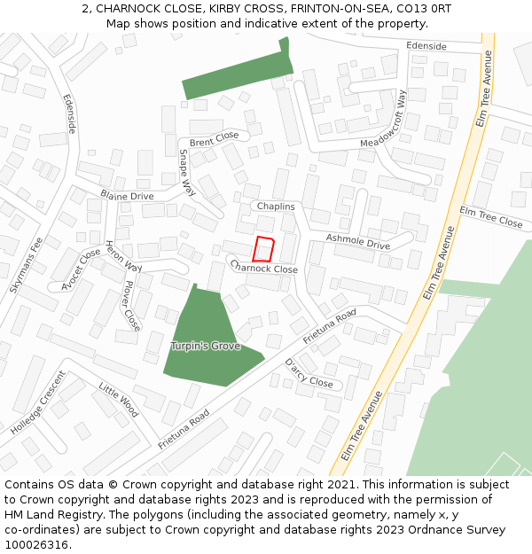 2, CHARNOCK CLOSE, KIRBY CROSS, FRINTON-ON-SEA, CO13 0RT: Location map and indicative extent of plot