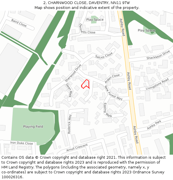 2, CHARNWOOD CLOSE, DAVENTRY, NN11 9TW: Location map and indicative extent of plot