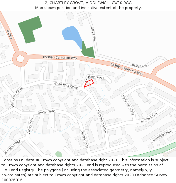 2, CHARTLEY GROVE, MIDDLEWICH, CW10 9GG: Location map and indicative extent of plot