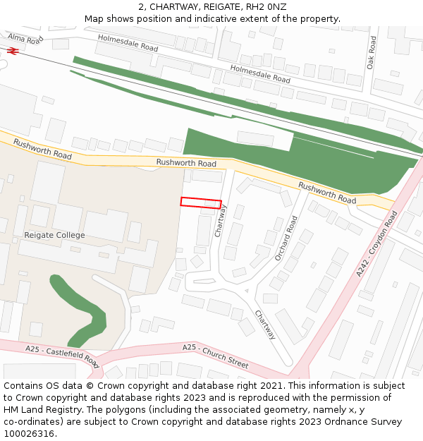 2, CHARTWAY, REIGATE, RH2 0NZ: Location map and indicative extent of plot