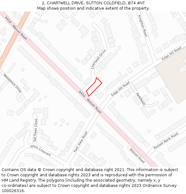 2, CHARTWELL DRIVE, SUTTON COLDFIELD, B74 4NT: Location map and indicative extent of plot