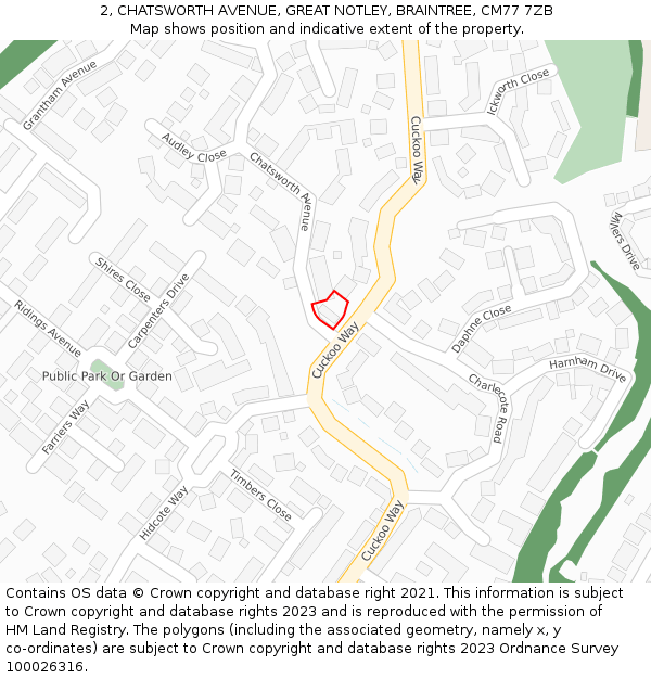 2, CHATSWORTH AVENUE, GREAT NOTLEY, BRAINTREE, CM77 7ZB: Location map and indicative extent of plot