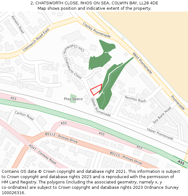 2, CHATSWORTH CLOSE, RHOS ON SEA, COLWYN BAY, LL28 4DE: Location map and indicative extent of plot