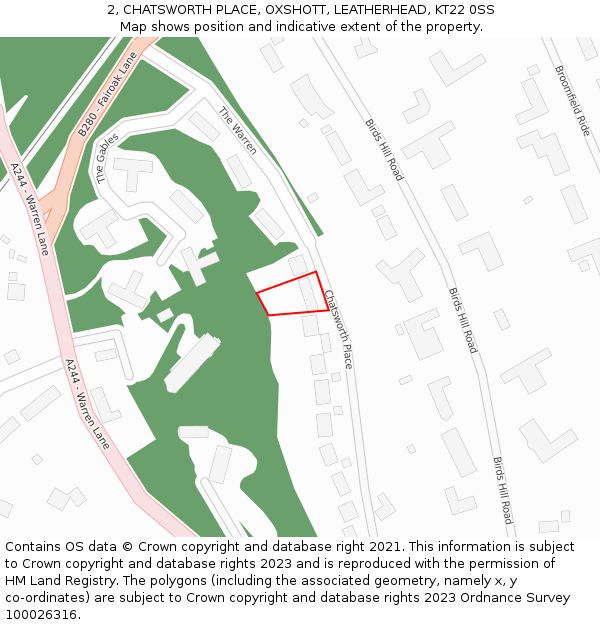 2, CHATSWORTH PLACE, OXSHOTT, LEATHERHEAD, KT22 0SS: Location map and indicative extent of plot