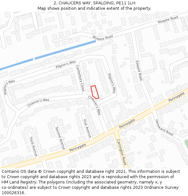 2, CHAUCERS WAY, SPALDING, PE11 1LH: Location map and indicative extent of plot