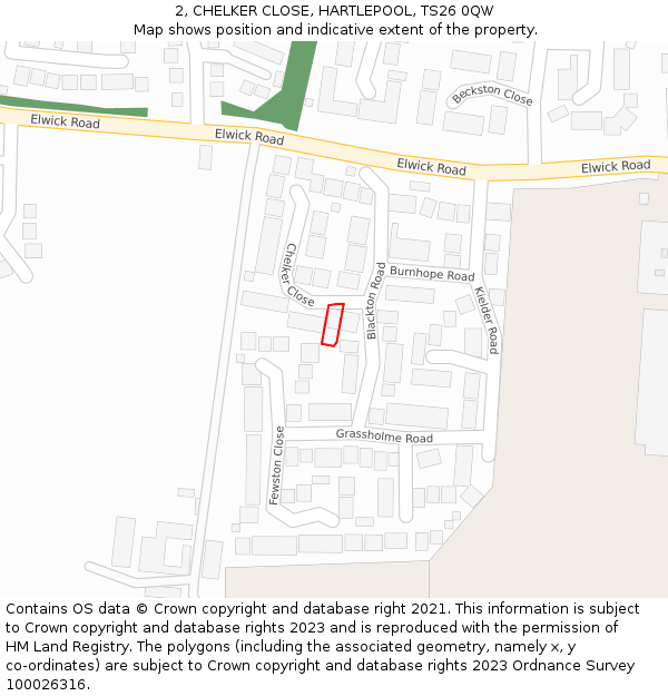2, CHELKER CLOSE, HARTLEPOOL, TS26 0QW: Location map and indicative extent of plot