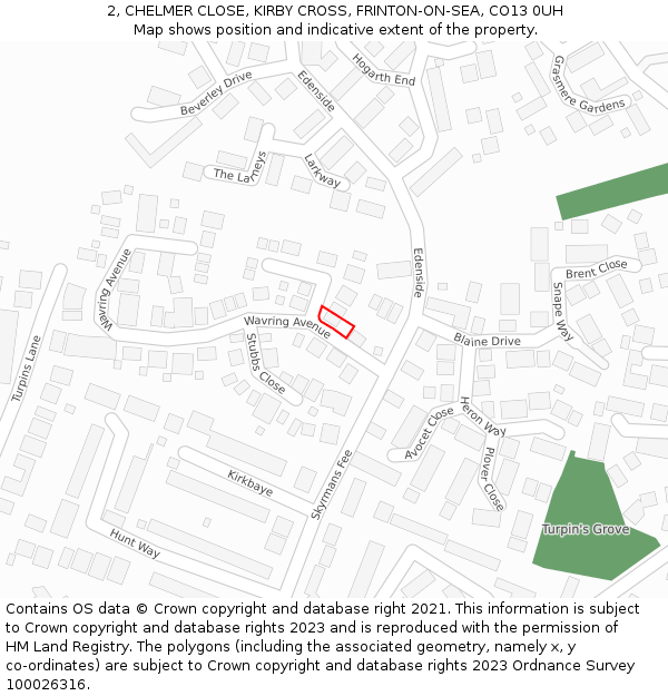 2, CHELMER CLOSE, KIRBY CROSS, FRINTON-ON-SEA, CO13 0UH: Location map and indicative extent of plot