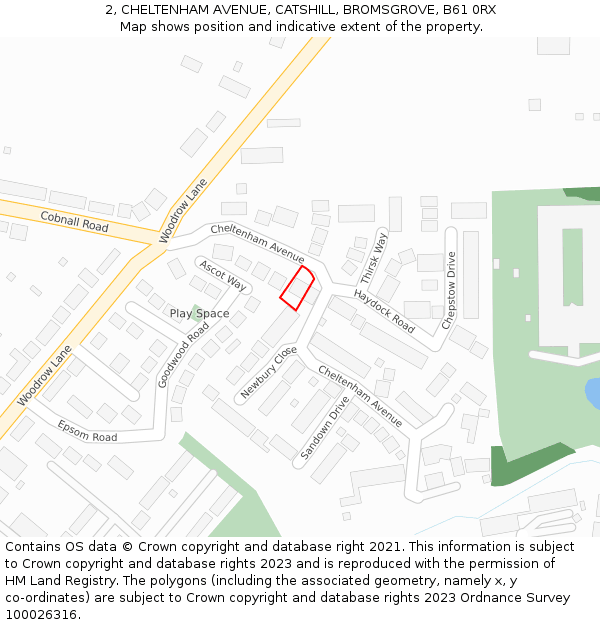 2, CHELTENHAM AVENUE, CATSHILL, BROMSGROVE, B61 0RX: Location map and indicative extent of plot