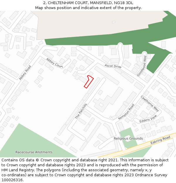 2, CHELTENHAM COURT, MANSFIELD, NG18 3DL: Location map and indicative extent of plot