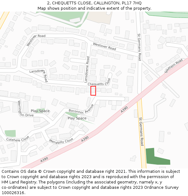 2, CHEQUETTS CLOSE, CALLINGTON, PL17 7HQ: Location map and indicative extent of plot