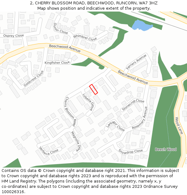 2, CHERRY BLOSSOM ROAD, BEECHWOOD, RUNCORN, WA7 3HZ: Location map and indicative extent of plot