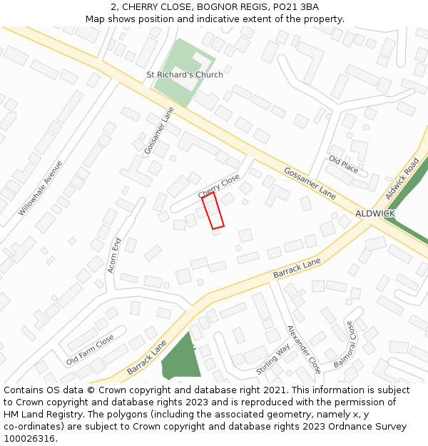 2, CHERRY CLOSE, BOGNOR REGIS, PO21 3BA: Location map and indicative extent of plot