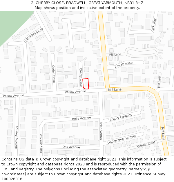 2, CHERRY CLOSE, BRADWELL, GREAT YARMOUTH, NR31 8HZ: Location map and indicative extent of plot