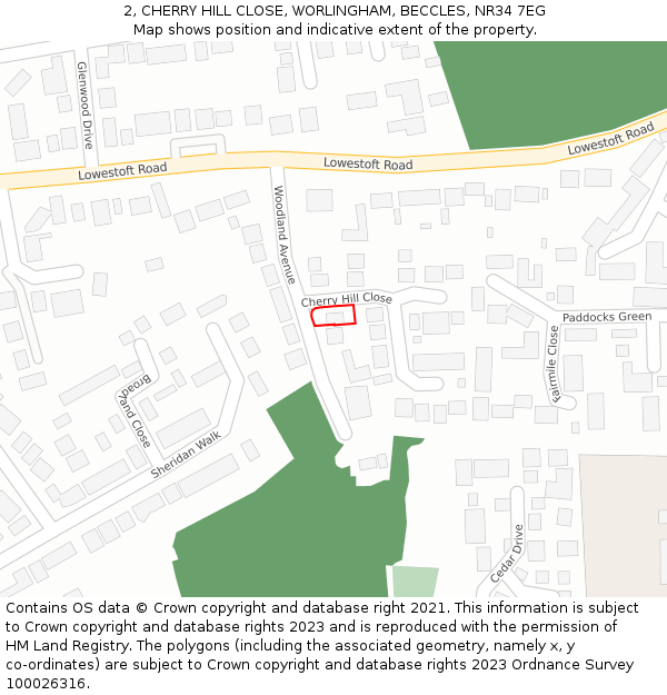 2, CHERRY HILL CLOSE, WORLINGHAM, BECCLES, NR34 7EG: Location map and indicative extent of plot