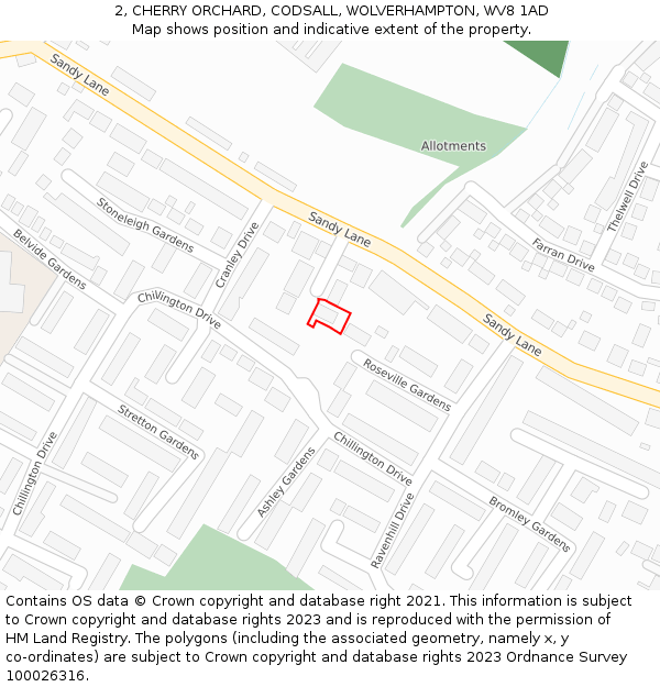 2, CHERRY ORCHARD, CODSALL, WOLVERHAMPTON, WV8 1AD: Location map and indicative extent of plot