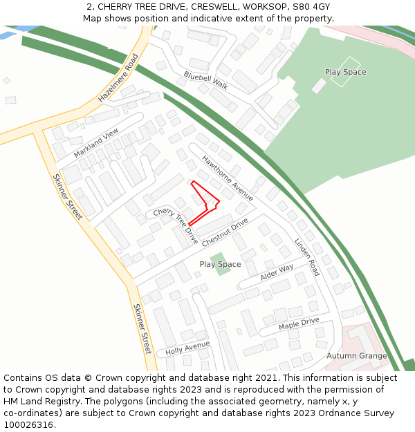 2, CHERRY TREE DRIVE, CRESWELL, WORKSOP, S80 4GY: Location map and indicative extent of plot