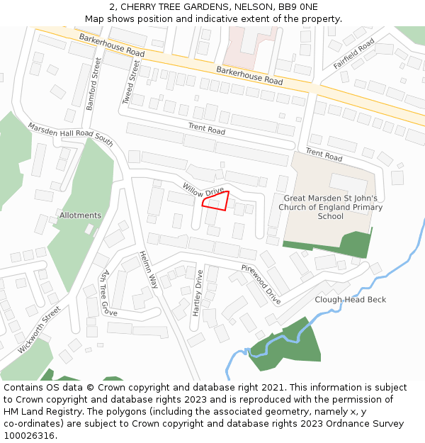 2, CHERRY TREE GARDENS, NELSON, BB9 0NE: Location map and indicative extent of plot