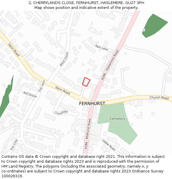 2, CHERRYLANDS CLOSE, FERNHURST, HASLEMERE, GU27 3PH: Location map and indicative extent of plot