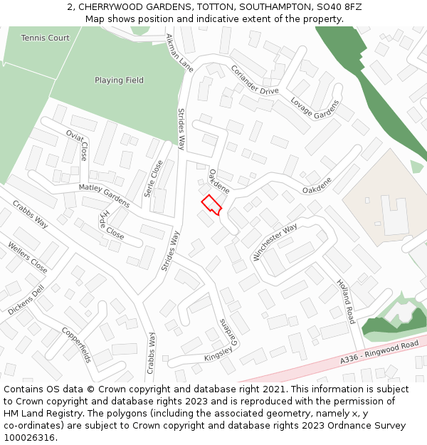 2, CHERRYWOOD GARDENS, TOTTON, SOUTHAMPTON, SO40 8FZ: Location map and indicative extent of plot