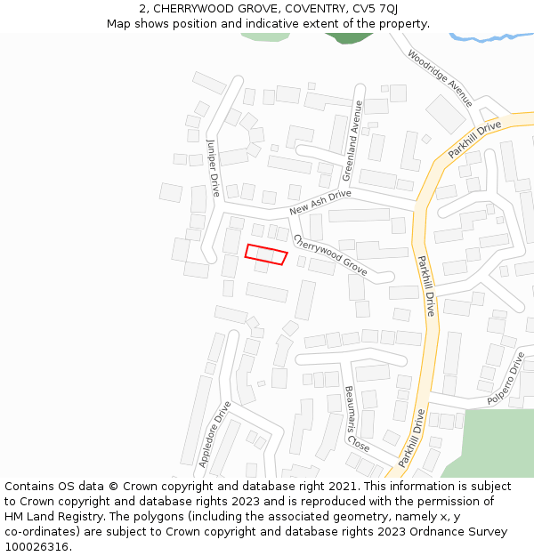 2, CHERRYWOOD GROVE, COVENTRY, CV5 7QJ: Location map and indicative extent of plot