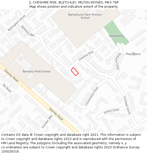 2, CHESHIRE RISE, BLETCHLEY, MILTON KEYNES, MK3 7WF: Location map and indicative extent of plot