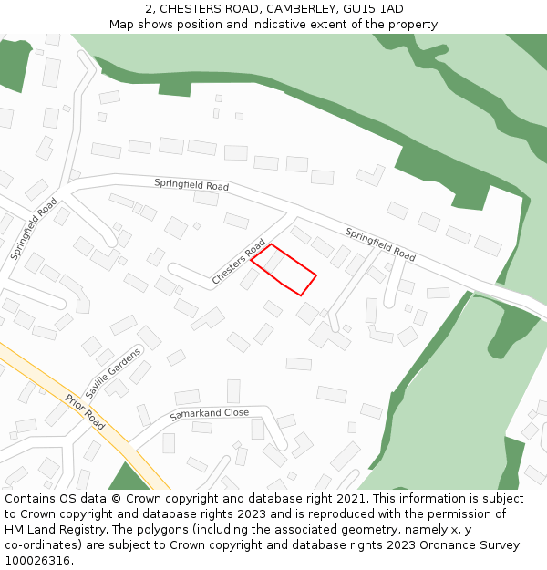 2, CHESTERS ROAD, CAMBERLEY, GU15 1AD: Location map and indicative extent of plot