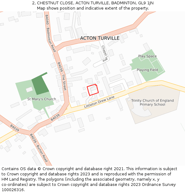 2, CHESTNUT CLOSE, ACTON TURVILLE, BADMINTON, GL9 1JN: Location map and indicative extent of plot