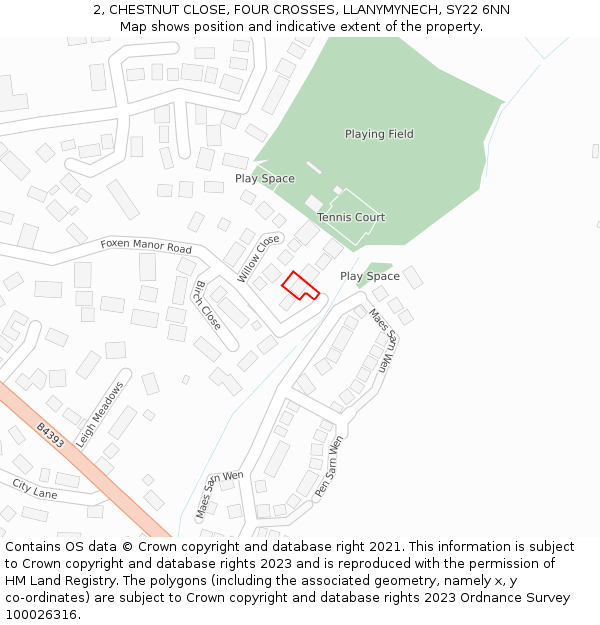 2, CHESTNUT CLOSE, FOUR CROSSES, LLANYMYNECH, SY22 6NN: Location map and indicative extent of plot