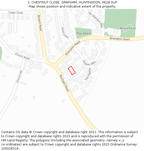 2, CHESTNUT CLOSE, GRAFHAM, HUNTINGDON, PE28 0UP: Location map and indicative extent of plot