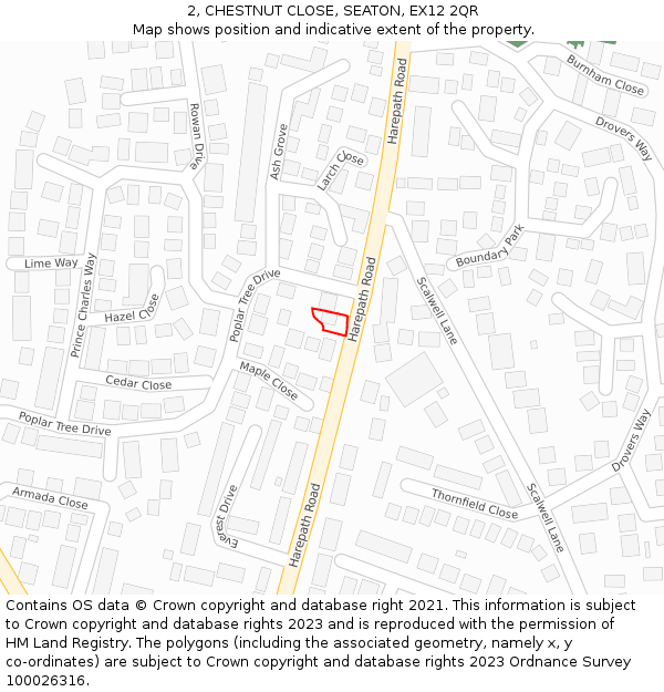 2, CHESTNUT CLOSE, SEATON, EX12 2QR: Location map and indicative extent of plot