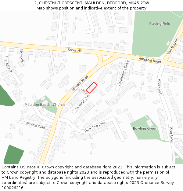 2, CHESTNUT CRESCENT, MAULDEN, BEDFORD, MK45 2DW: Location map and indicative extent of plot