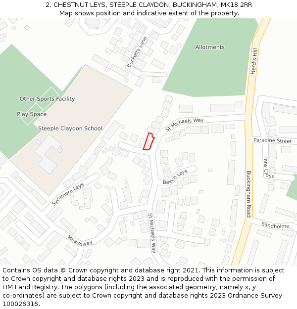 2, CHESTNUT LEYS, STEEPLE CLAYDON, BUCKINGHAM, MK18 2RR: Location map and indicative extent of plot