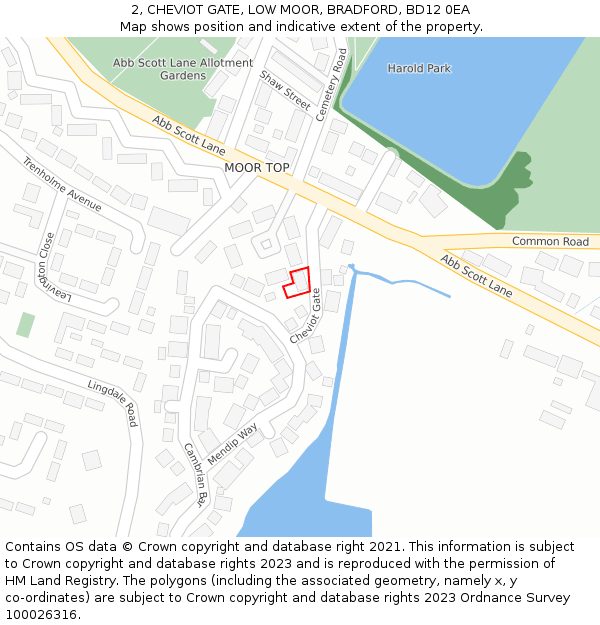 2, CHEVIOT GATE, LOW MOOR, BRADFORD, BD12 0EA: Location map and indicative extent of plot